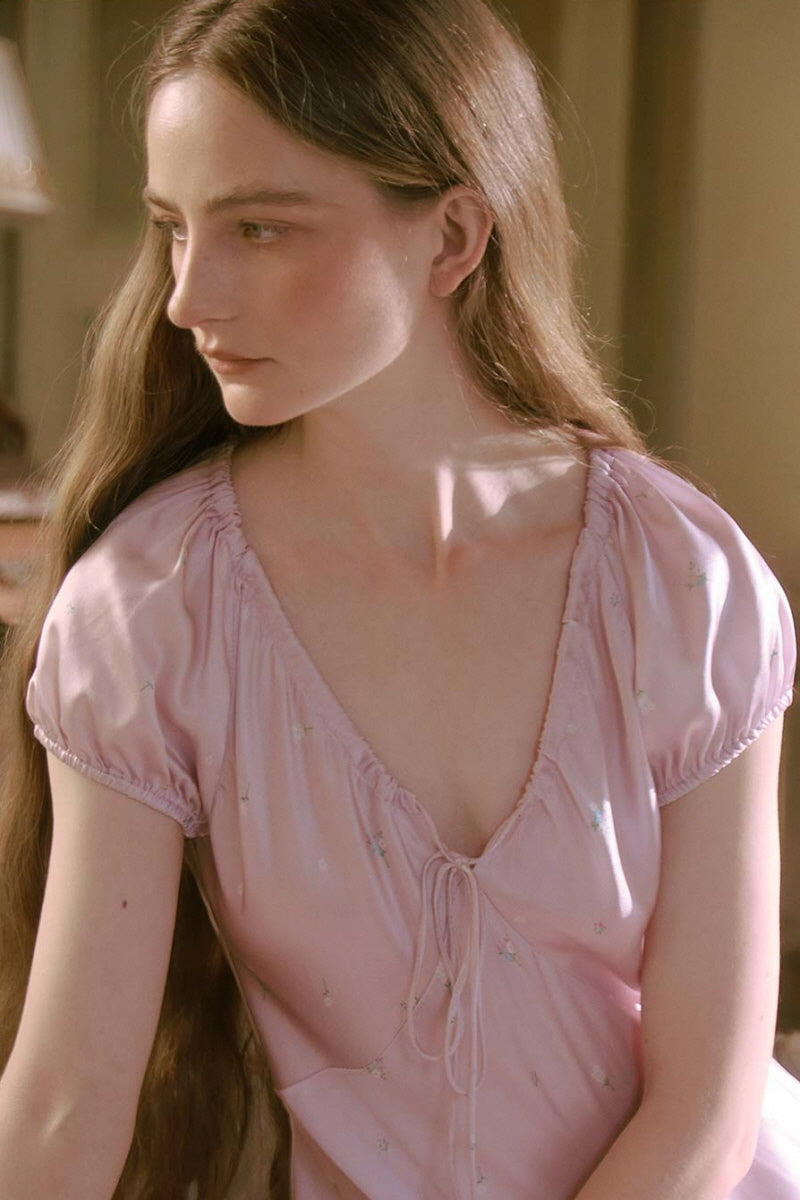 Ribbon-Tie Silk Puff Sleeve Sleep Dress