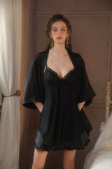 Black Angelic Embroidery Silk Slip & Robe Set