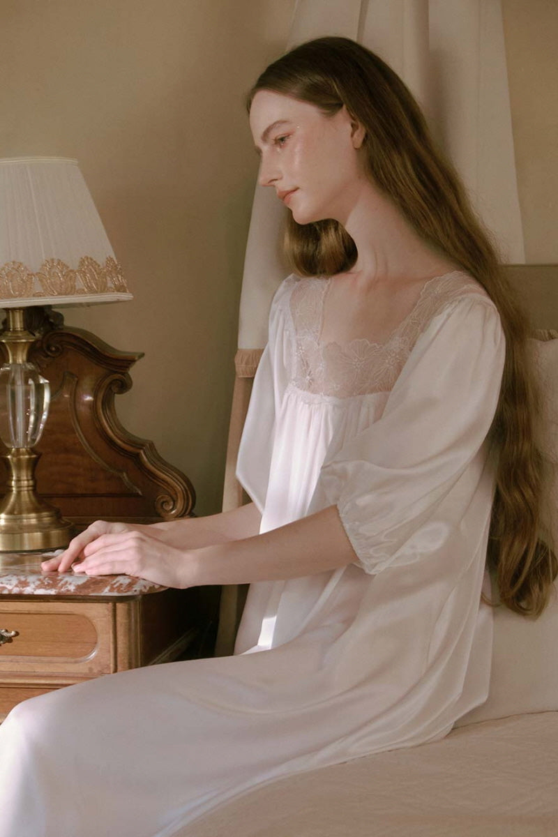 White Silk Puff Sleeve Lace Sleep Dress