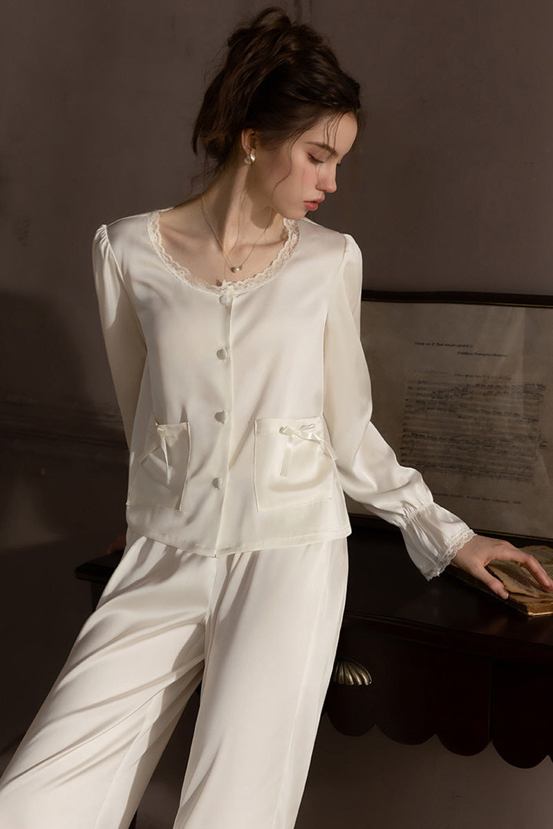 White Ribbon Petit Lace Pajama Set