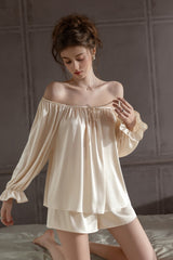 Ivory Off Shoulder Satin Silk Pajama Shorts Set