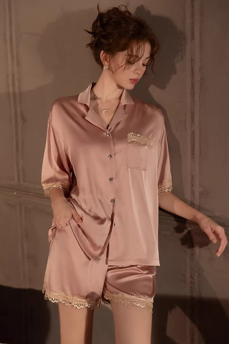 Pink Vintage Shell Lace Silk Set