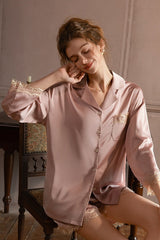 Pink Lace-Trimmed 3/4 Sleeve Silk Set