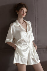 White Oversized Silk Button Down Lounge Pajama Set