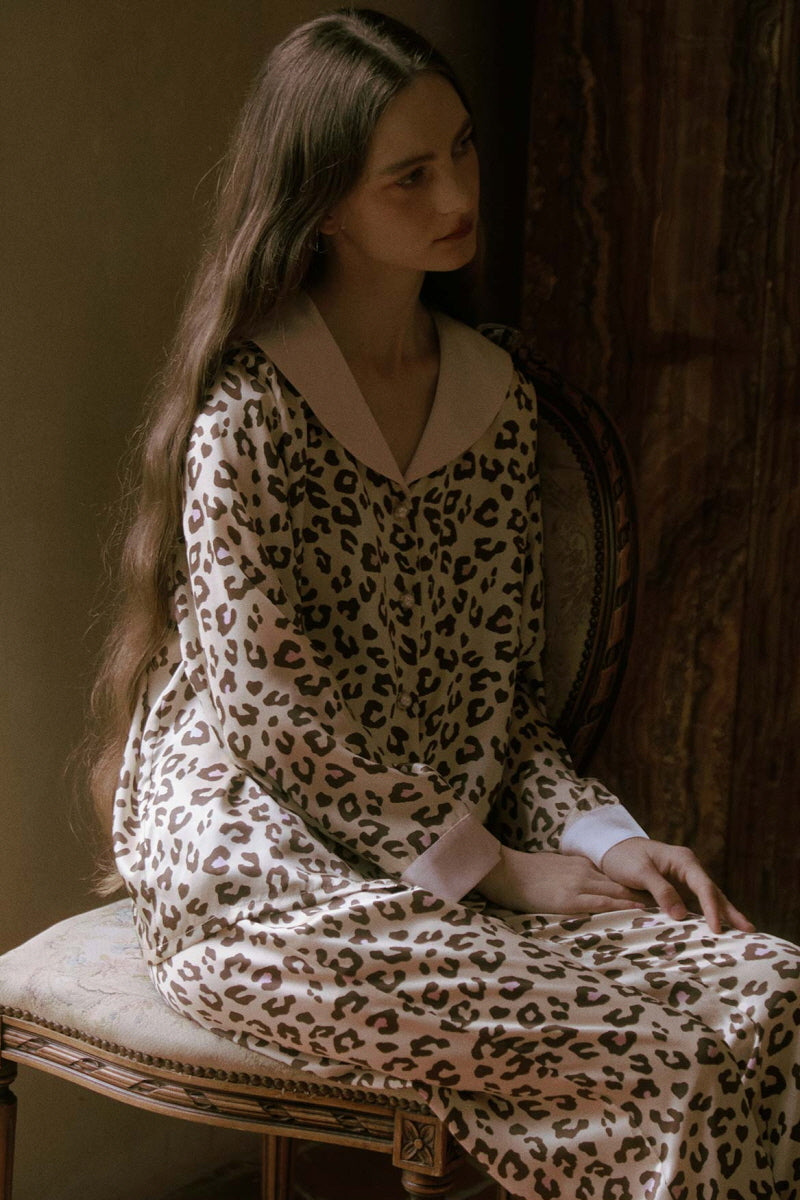 Leopard Print Sailor Collar Silk Pajama Set