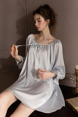 Blue Off-shoulder Silk Nightdress