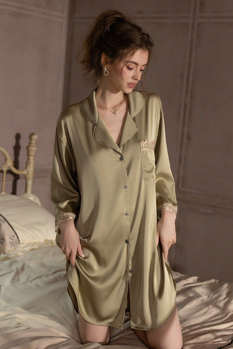 Olive Elegant Lace-Trimmed Silk Sleep Shirt