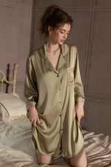 Olive Elegant Lace-Trimmed Silk Sleep Shirt