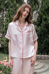 Pink Short Sleeve Scarlet Edge Silk Pajama Set