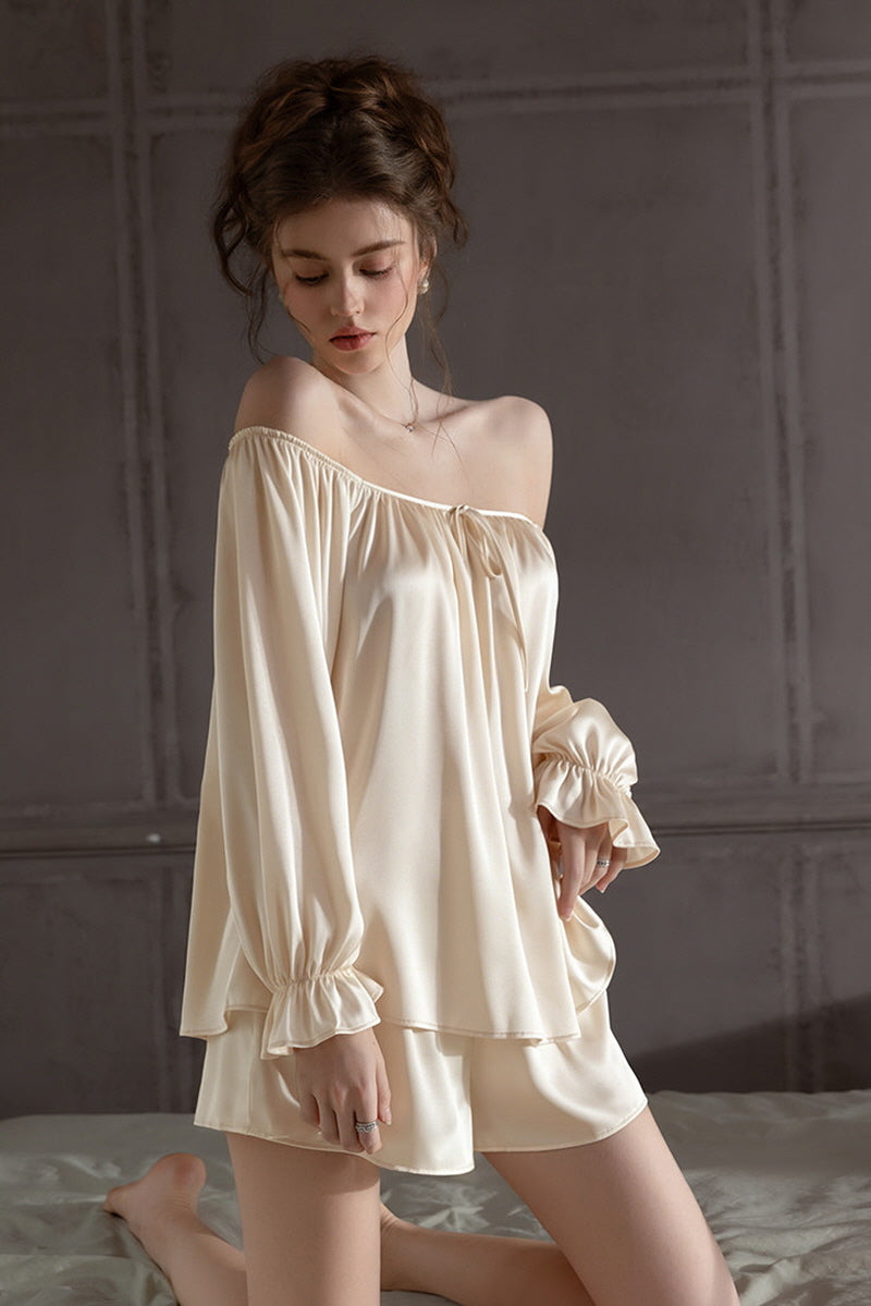 Ivory Off Shoulder Satin Silk Pajama Shorts Set