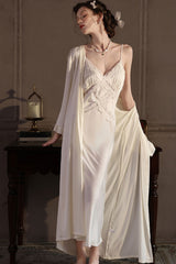 White Cross Lace Silk Slip & Robe Set