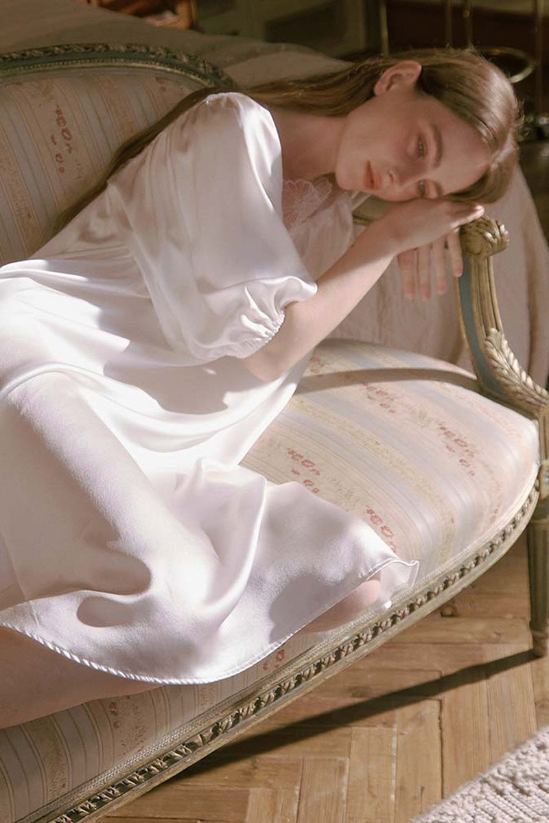 White Silk Puff Sleeve Lace Sleep Dress