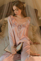 Soft Lace Ribbon Silk Pajama Set