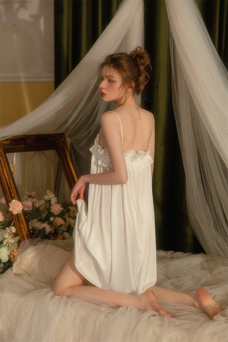 White Double Ruffle Silk Nightdress