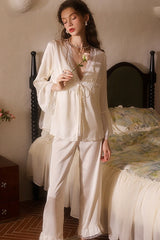 Ivory Lace Trim Deep V Silk Pajama Set