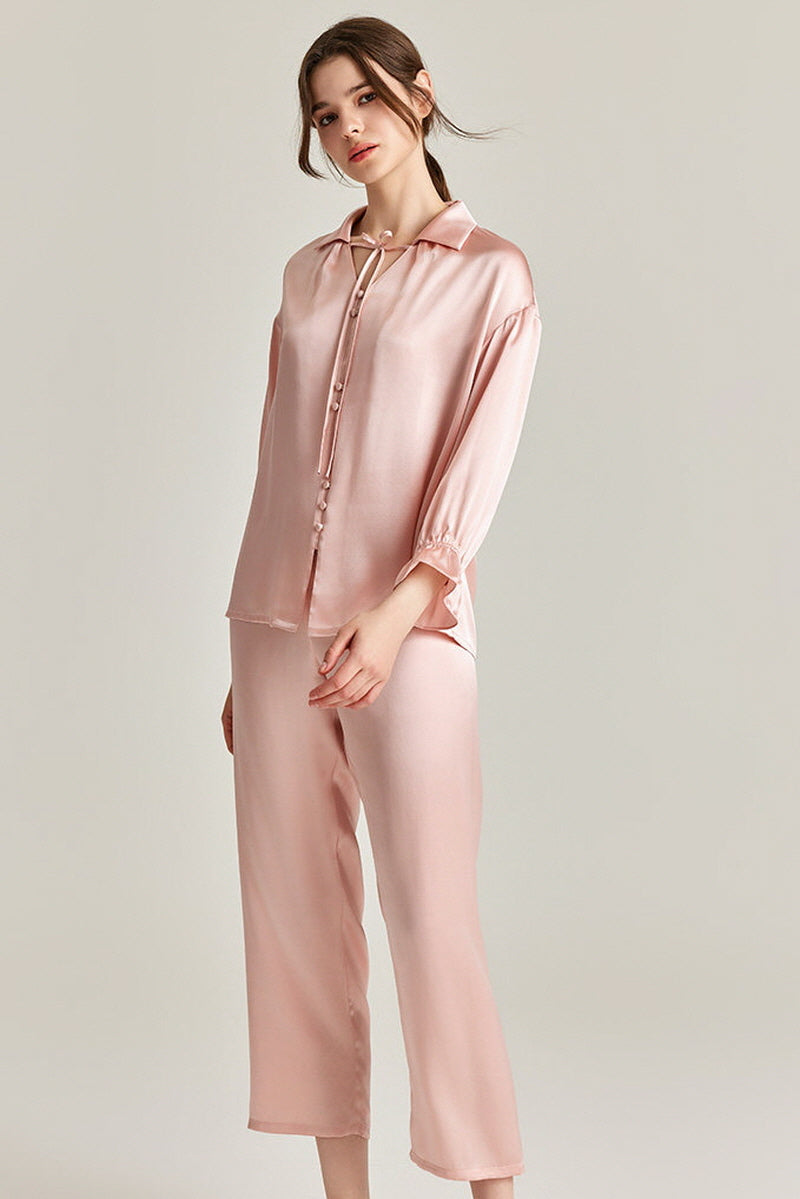 Tie-Neck Silk Pajama Set