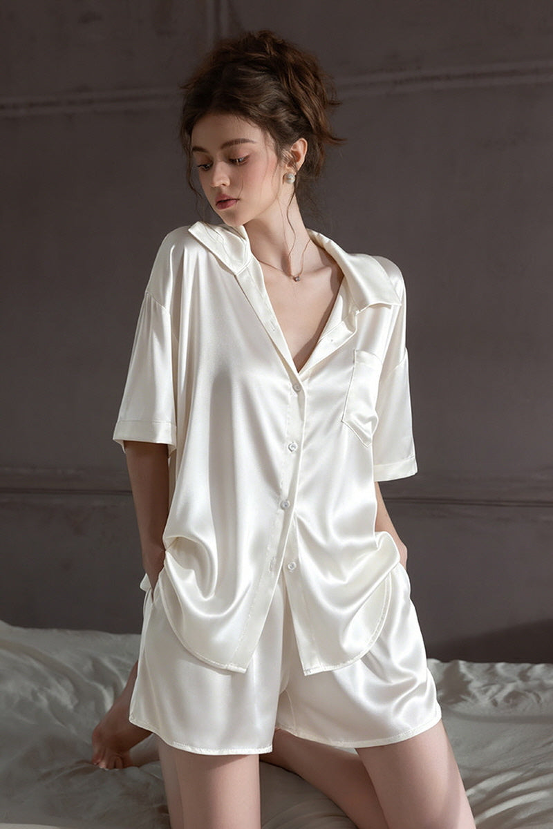 White Oversized Silk Button Down Lounge Pajama Set
