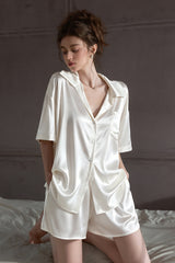 White Oversized Silk Button Down Lounge Pajama Set