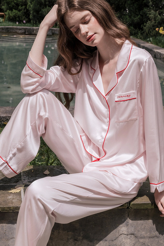 Pink Long Sleeve Scarlet Edge Silk Pajama Set