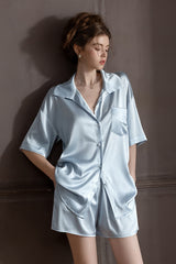 Blue Oversized Silk Button Down Lounge Pajama Set