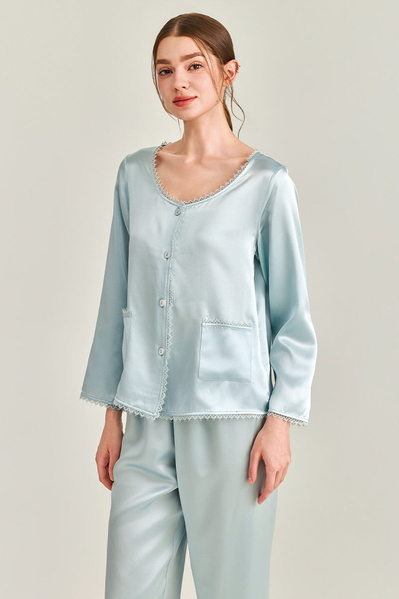 Blue Silk Lace Trim Button Pajama Set