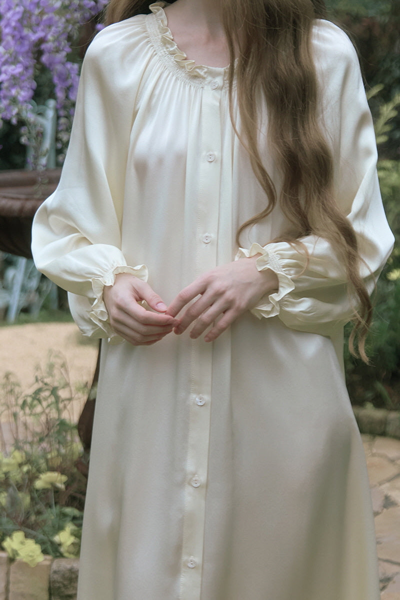 Yellow Shirred Neck Silk Maxi Sleep Dress