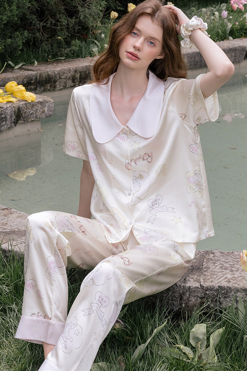 Silk Angel Print Short Pajama Set