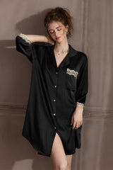 Black Elegant Lace-Trimmed Silk Sleep Shirt