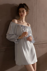 Blue Off-shoulder Silk Nightdress
