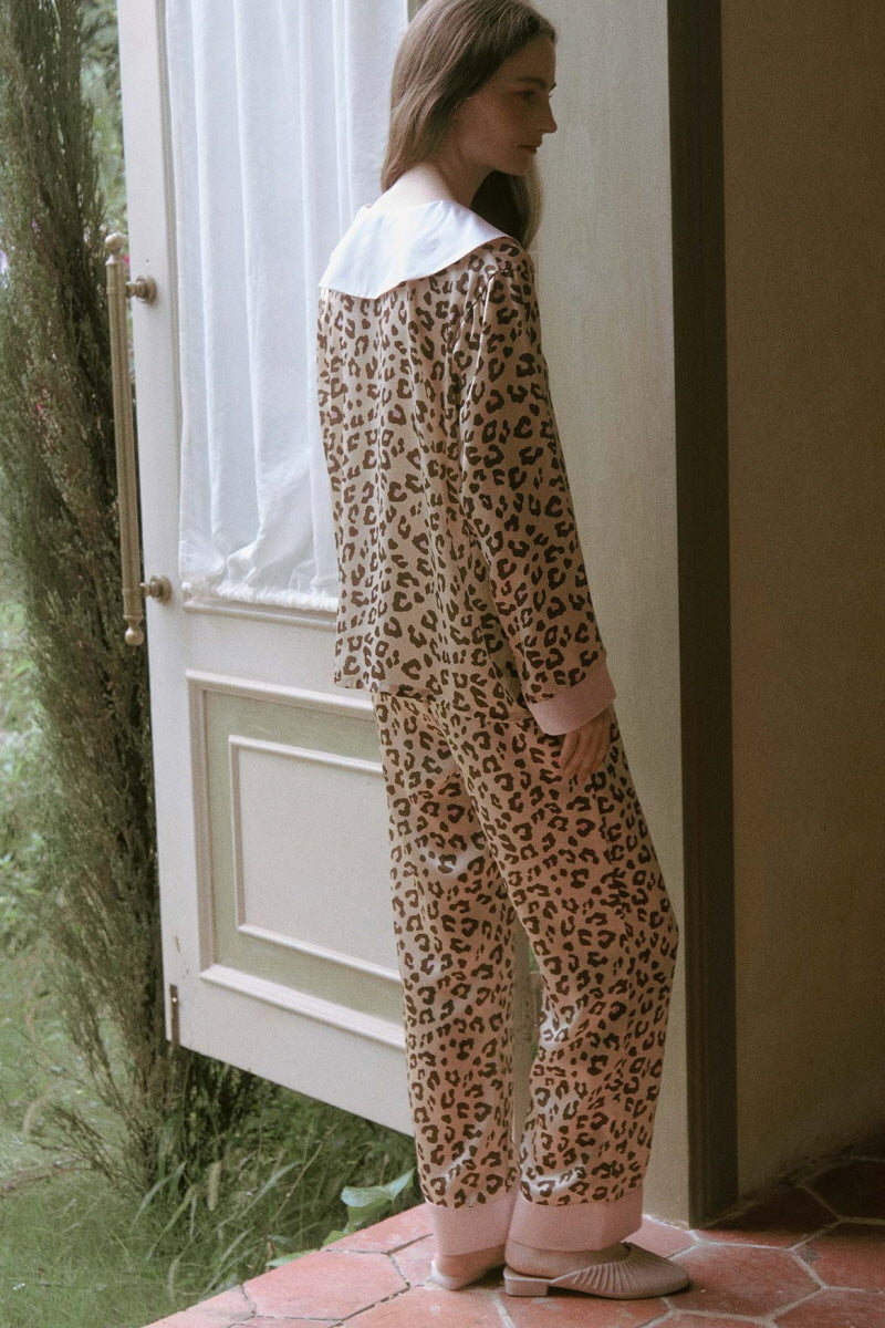 Leopard Print Sailor Collar Silk Pajama Set