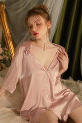 Pink Ribbon Cuff Silk Lace Sleep Shirt