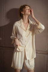 White Lace-Trimmed 3/4 Sleeve Silk Set