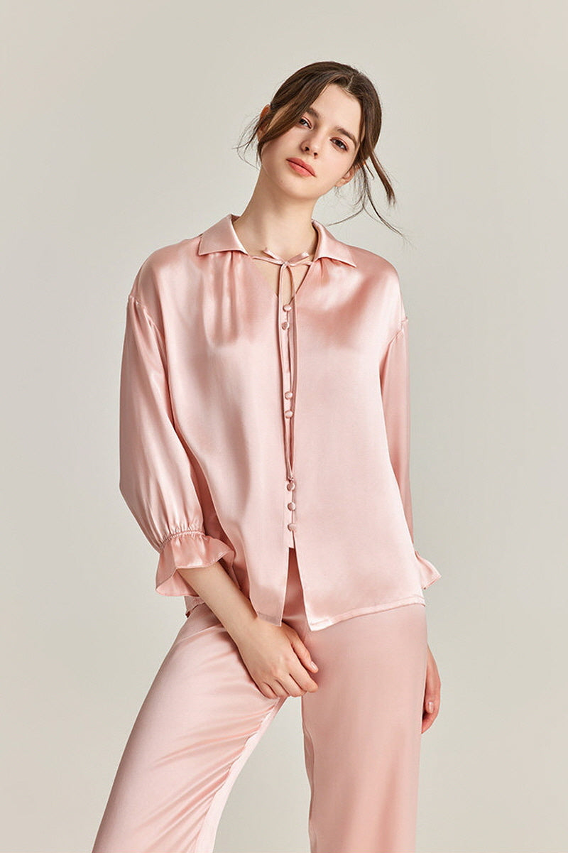 Tie-Neck Silk Pajama Set