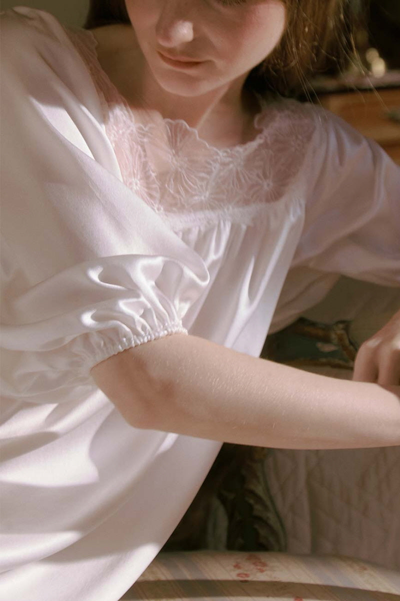 White Silk Puff Sleeve Lace Sleep Dress