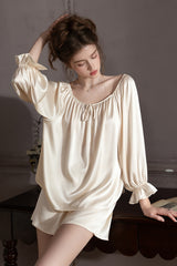 Ivory Off Shoulder Satin Silk Pajama Shorts Set