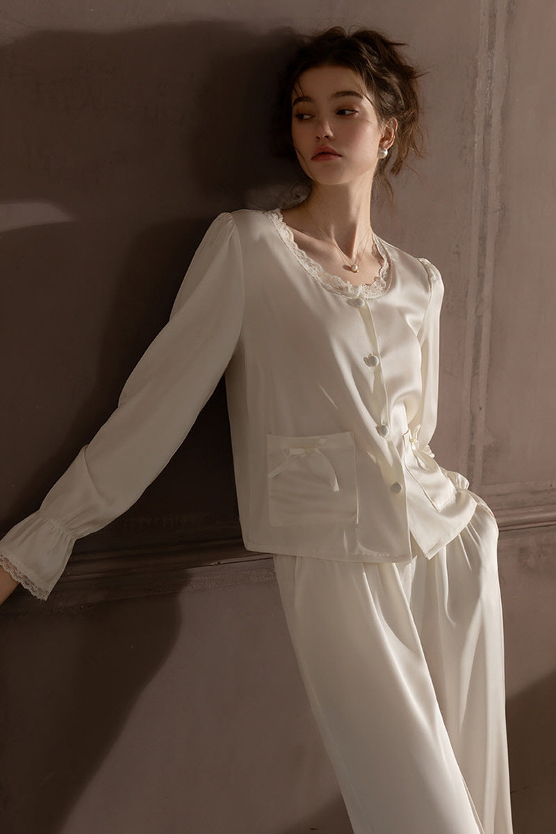 White Ribbon Petit Lace Pajama Set
