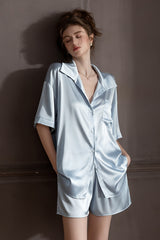 Blue Oversized Silk Button Down Lounge Pajama Set