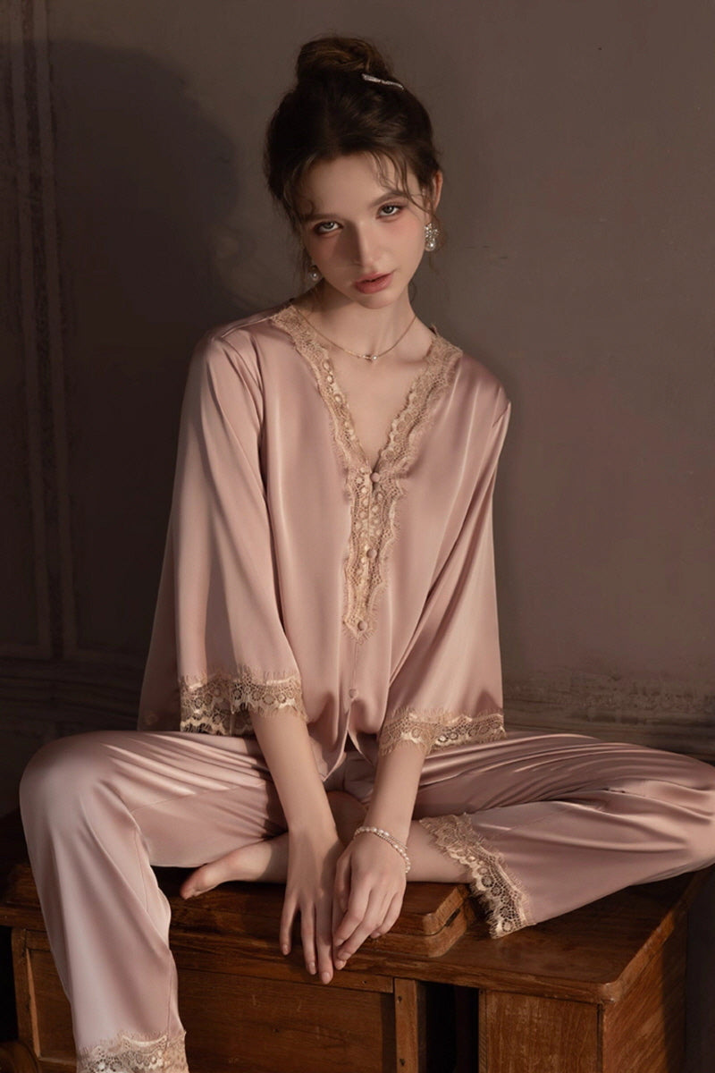 Pink V-Neck Enchanted Lace Silk Set