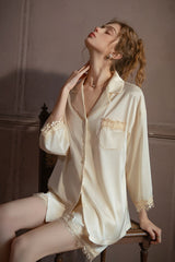 White Lace-Trimmed 3/4 Sleeve Silk Set