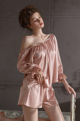 Pink Off Shoulder Satin Silk Pajama Shorts Set