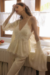 Ivory Lace Trim Deep V Silk Pajama Set