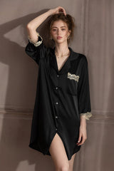 Black Elegant Lace-Trimmed Silk Sleep Shirt