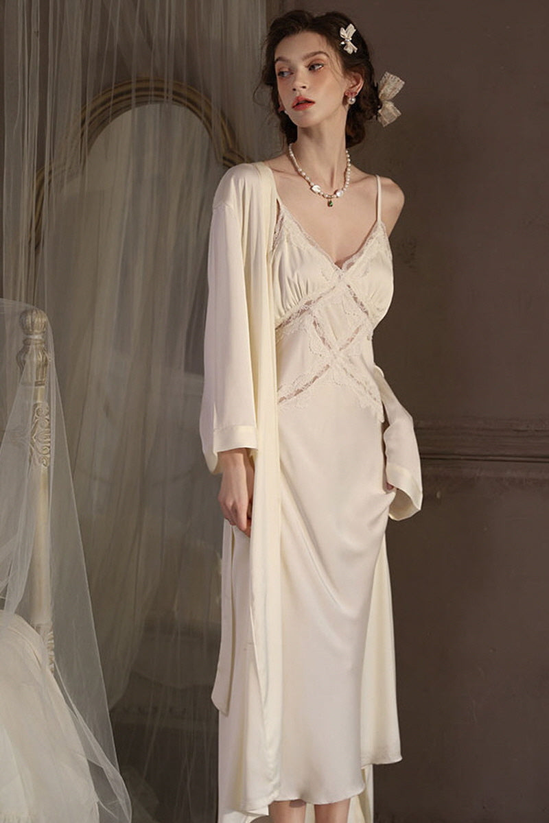 White Cross Lace Silk Slip & Robe Set