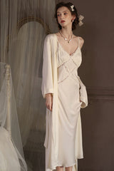 White Cross Lace Silk Slip & Robe Set