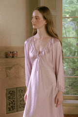 Ribbon-Tie Silk Puff Sleeve Sleep Dress