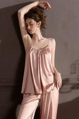 Pink Silk Shirred Camisole & Trousers Set