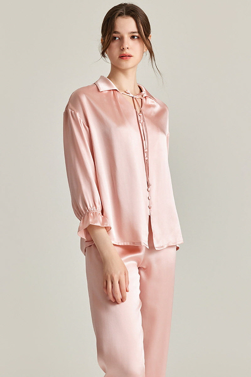 Tie-Neck Silk Pajama Set