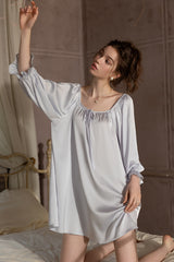 Blue Off-shoulder Silk Nightdress