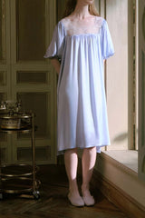 Blue Silk Puff Sleeve Lace Sleep Dress
