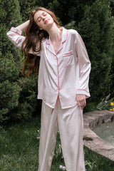 Pink Long Sleeve Scarlet Edge Silk Pajama Set